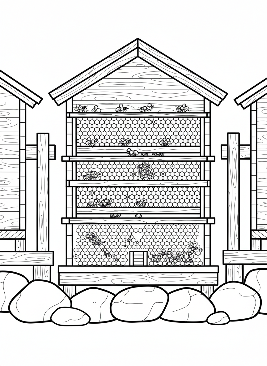 A cross-section view of a beehive showing different levels with bees working inside, architectural educational diagram style.