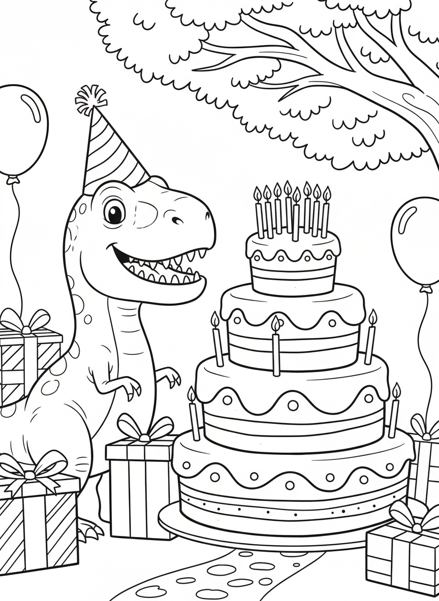 A smiling dinosaur wearing a party hat, standing next to a large birthday cake with candles.