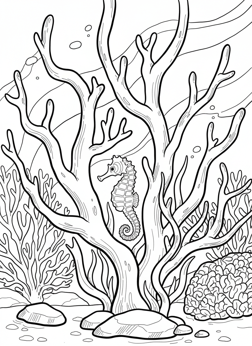 Underwater scene with soft corals swaying in ocean current, small seahorse hiding among the branches