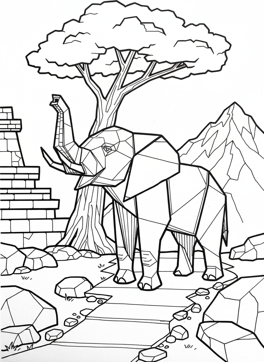 An origami elephant with a raised trunk and large ears, displaying geometric folds that create the body and legs in a standing pose.