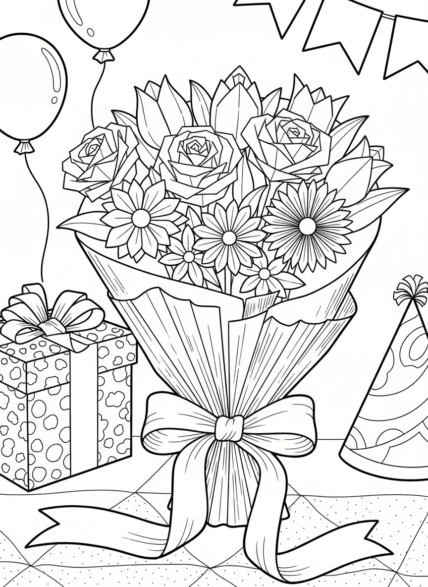 A bouquet of mixed origami flowers including tulips, roses, and daisies, wrapped in folded paper with ribbon, celebration theme.