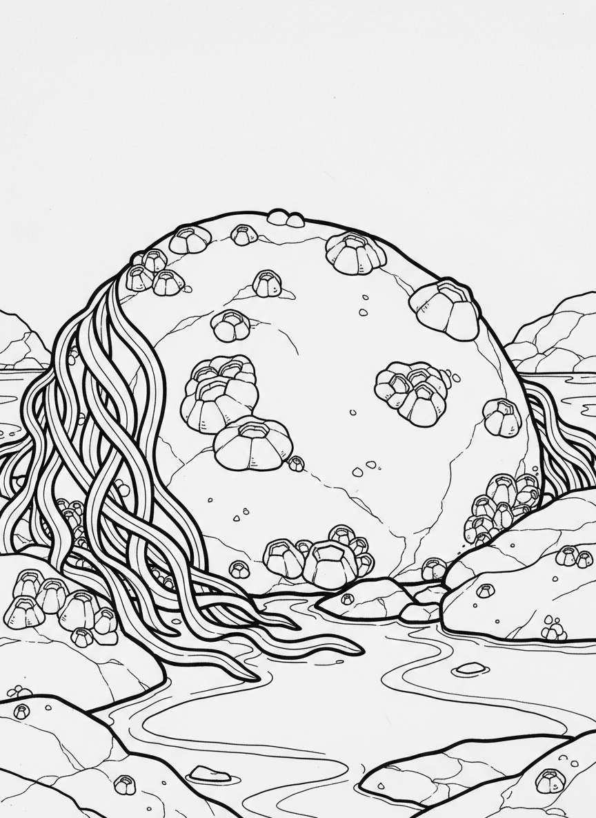 Barnacles of different sizes covering a rounded boulder, with seaweed draped over one side and small water puddles between rocks