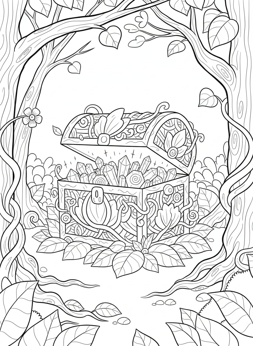 A magical fairy treasure chest made of flowers and vines, filled with glowing crystals and enchanted gems in a forest setting