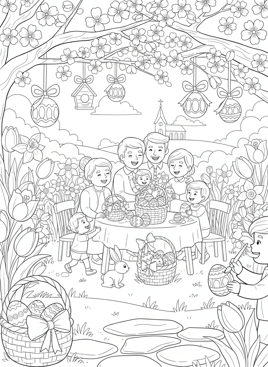 Easter coloring page prompts celebrating springtime, renewal, family gatherings, and seasonal joy.	A bright Easter morning scene with spring flowers blooming, pastel decorations displayed, and families gathering together happily.