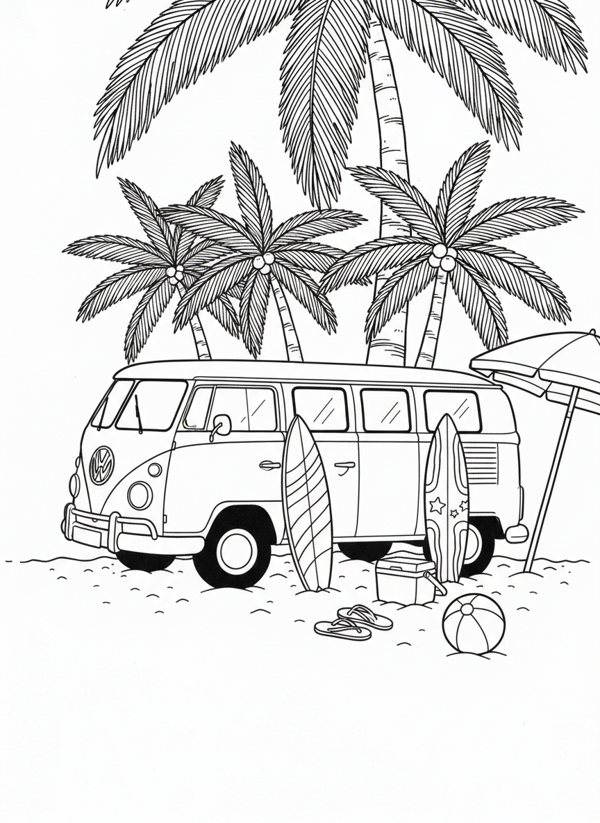 A vintage camper van parked under palm trees with surfboards leaning against it and beach gear scattered around
