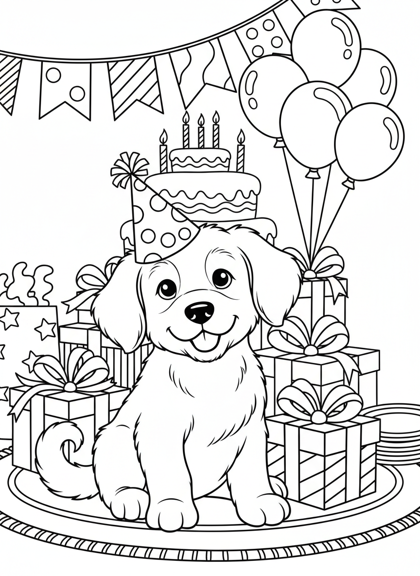 A cheerful puppy wearing a party hat, sitting next to a pile of wrapped presents with bows and ribbons.