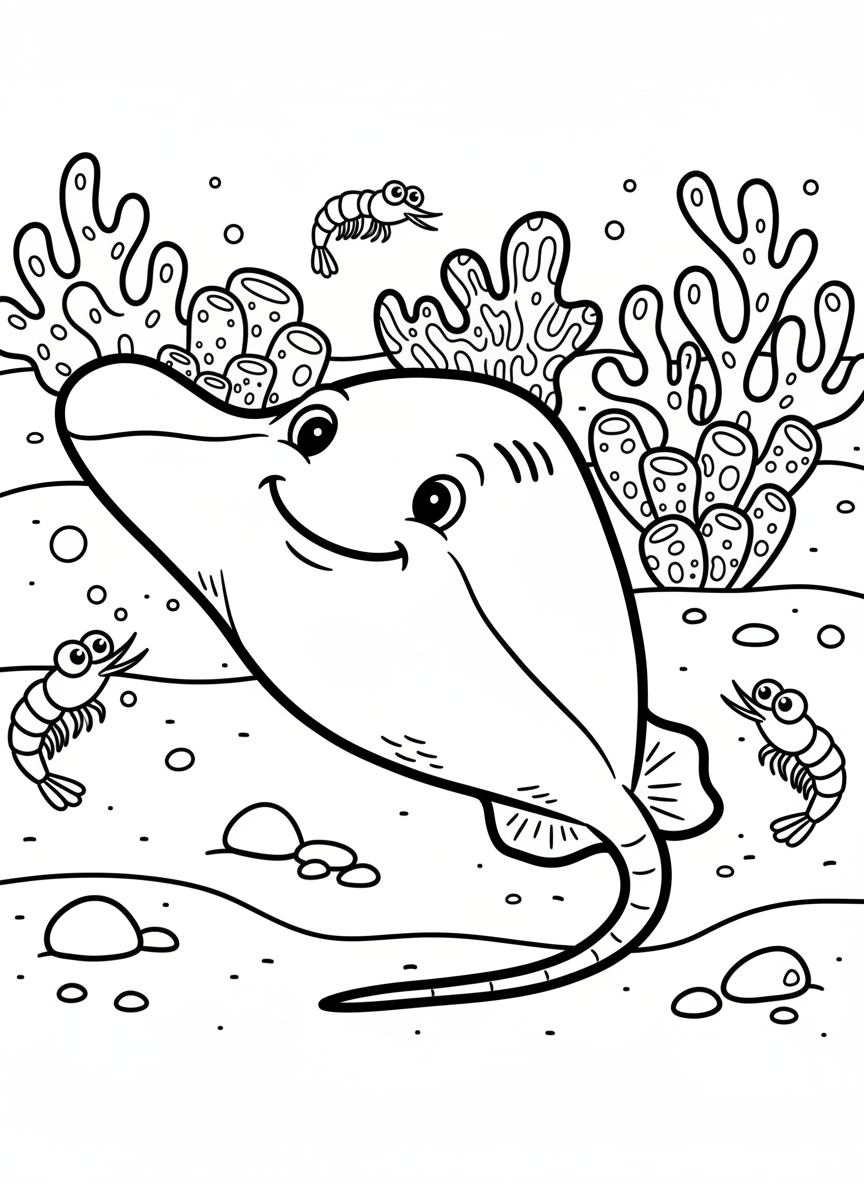 A smiling stingray resting on sandy bottom with coral patches and small shrimp around it, kid-friendly design