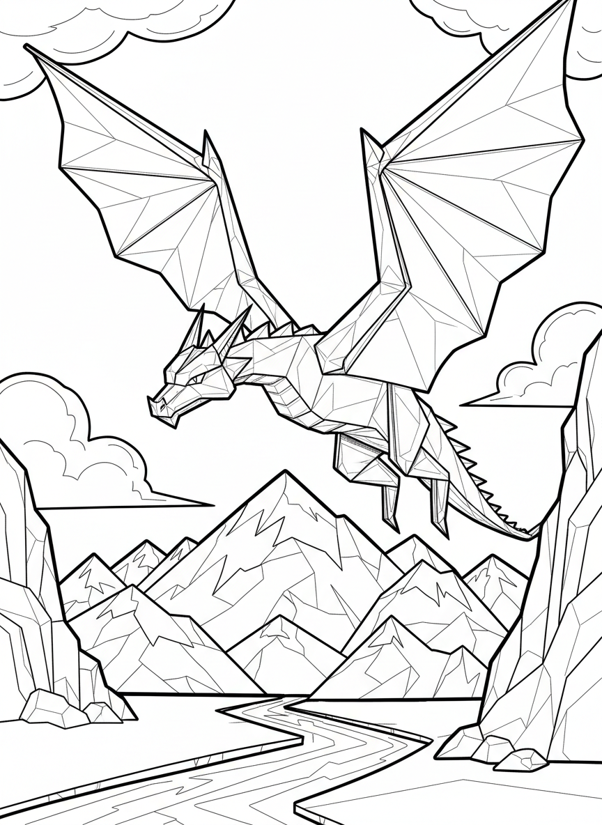 An origami dragon in mid-flight with sharp paper-fold details, soaring over mountain peaks, showing clear geometric patterns and crisp edges.