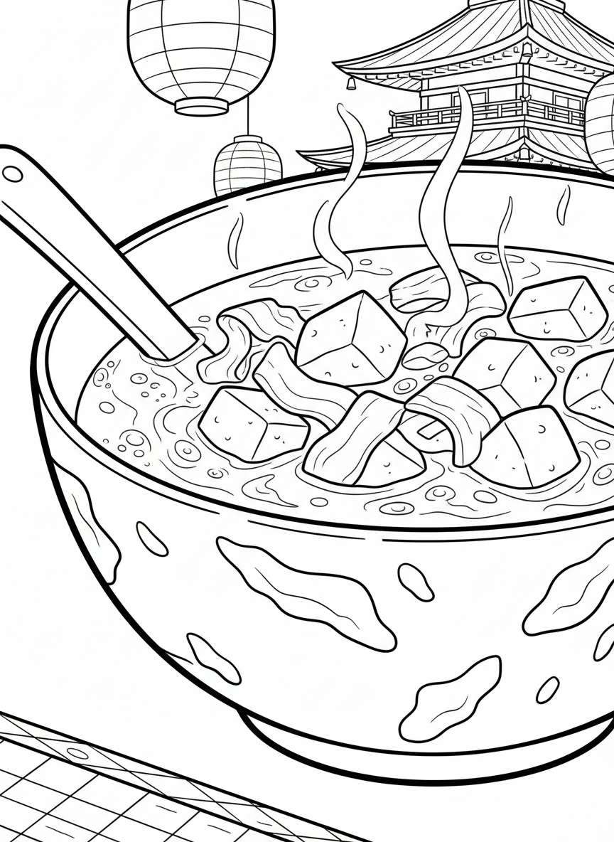A steaming bowl of miso soup with tofu cubes and seaweed floating inside, shown from a side angle with a spoon
