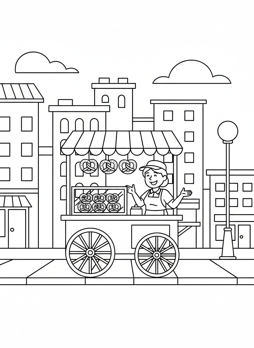 A pretzel cart on a city sidewalk with a friendly vendor and stacked pretzels, simple street scene with building outlines in background.