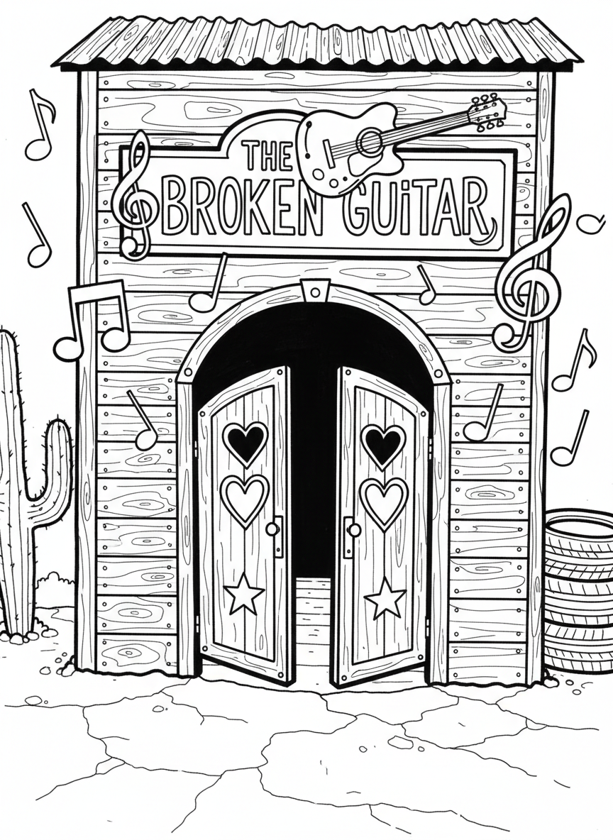 A honky-tonk storefront with swinging doors, a neon-style sign outline, and musical notes decorating the entrance.