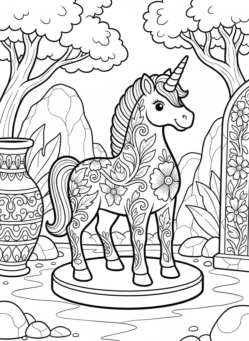 A cheerful unicorn figurine with decorative floral patterns on its body, standing on a simple base, pottery-inspired design with clean outlines