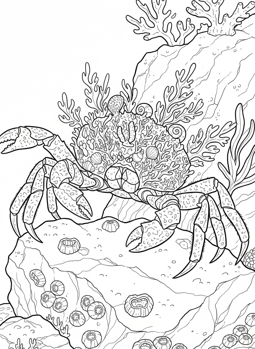 A close-up of a decorator crab covered in bits of seaweed and small shells, standing on a barnacle-covered rock