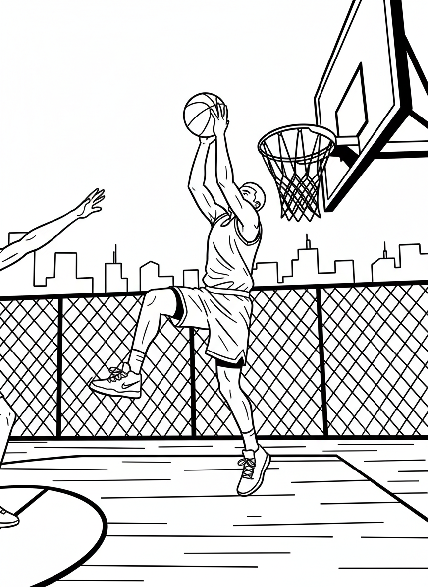 A basketball player making a layup, reaching toward the basket with the ball, one leg lifted, action freeze-frame.
