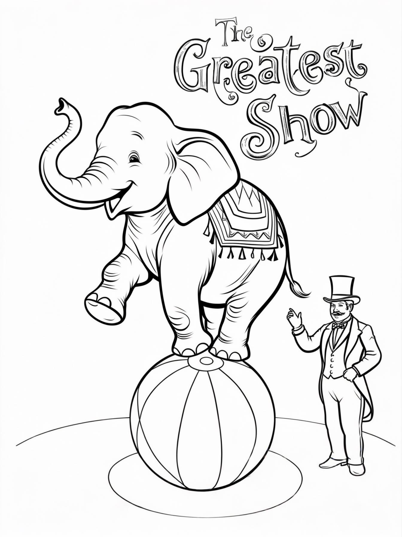 A majestic happy elephant, adorned with a colorful blanket, carefully balancing on a large, red and white striped ball in the center of a circus ring. A ringmaster in a formal suit stands proudly nearby, gesturing to the audience. No colours in the image.
