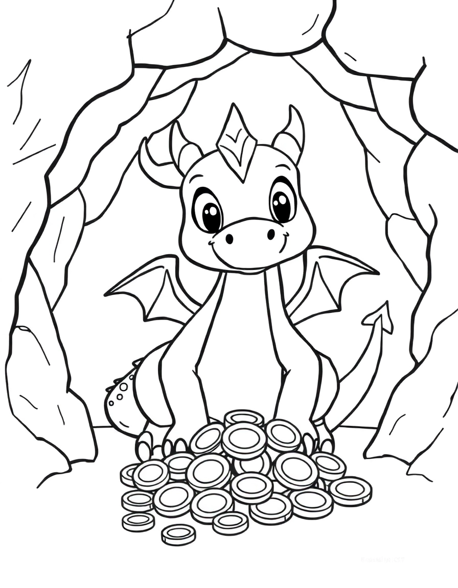 A majestic dragon with friendly eyes, gently guarding a pile of sparkling gold coins inside a cave.
