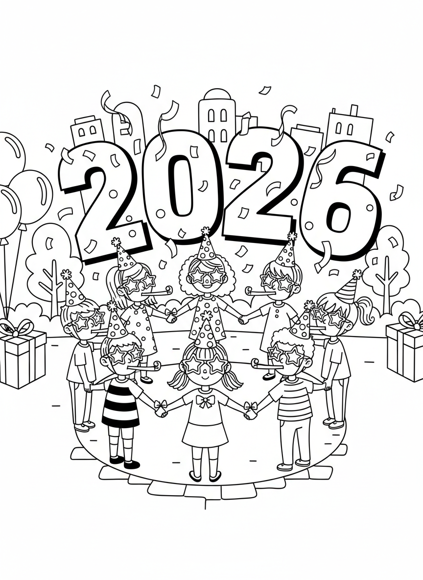 A group of diverse children holding hands in a circle around large '2026' numbers, all wearing festive party accessories.