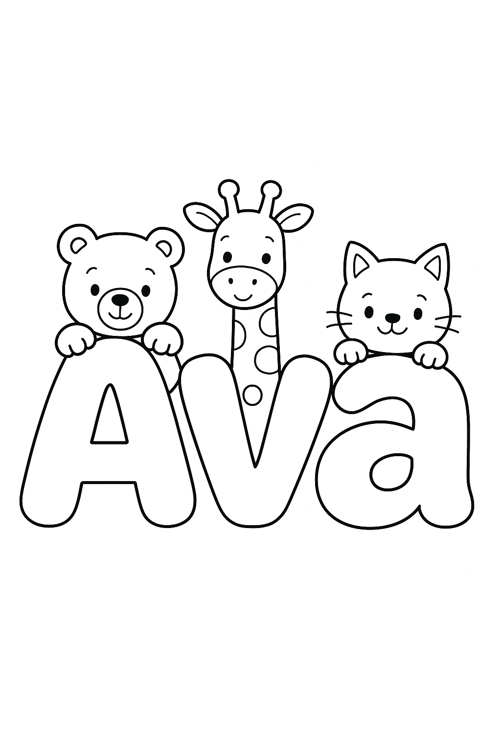 The name “Ava” in bubble letters with cartoon animals peeking out of each letter. make the name all on one line