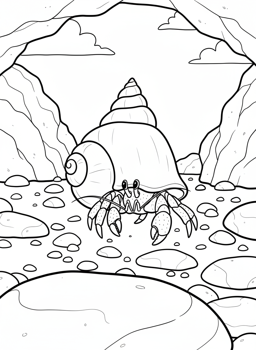 A hermit crab peeking out from its spiral shell, walking across smooth tide pool rocks with tiny pebbles scattered around.