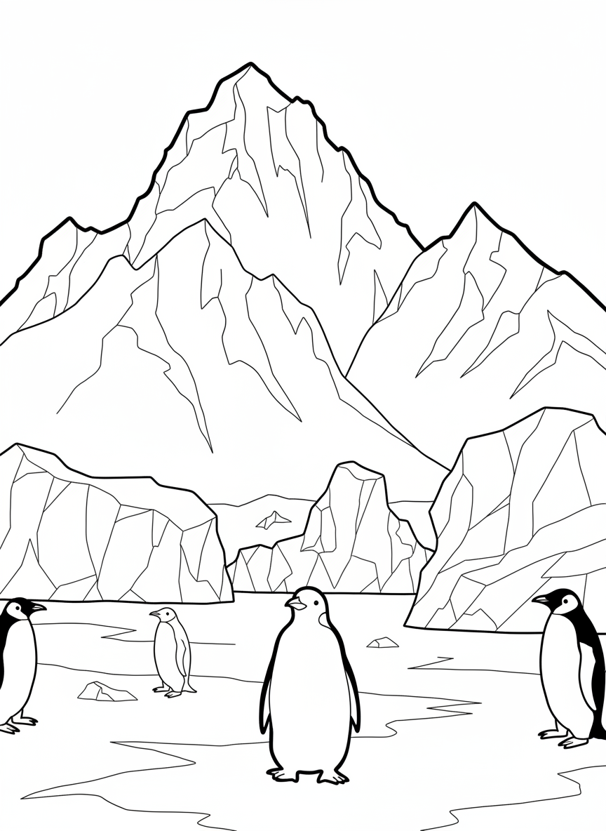 An Antarctic landscape scene showing mountains, ice formations, and several penguins scattered across the foreground.