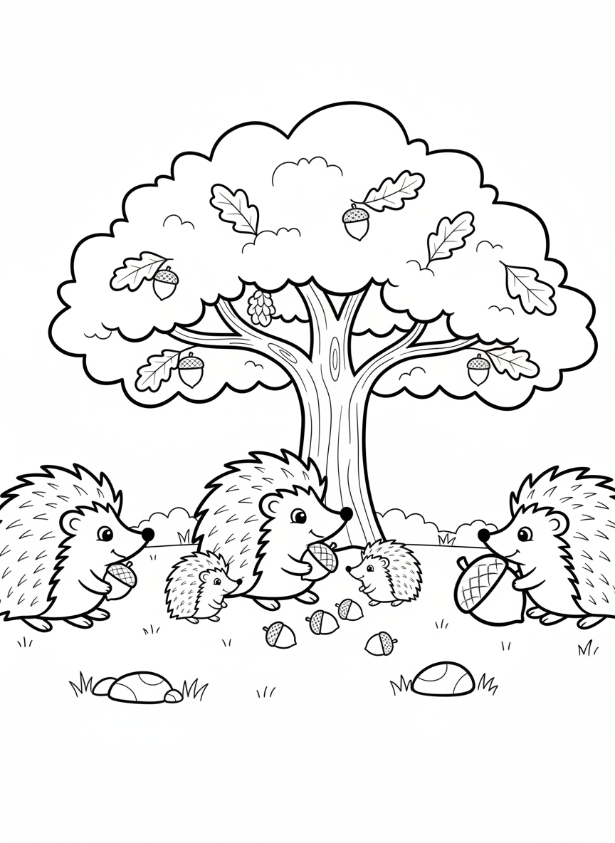 A family of hedgehogs gathering acorns under an oak tree, simple shapes for young children
