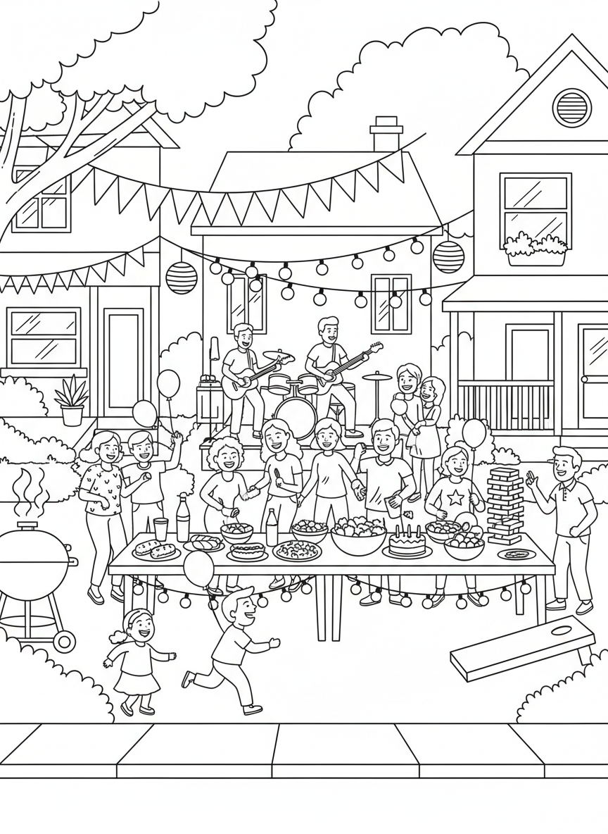 A festive neighborhood block party with decorations, games, food tables, music, and residents celebrating together.