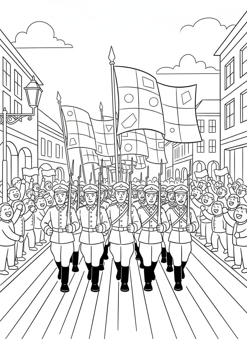 A military parade scene with marching soldiers carrying flags down a street lined with cheering people