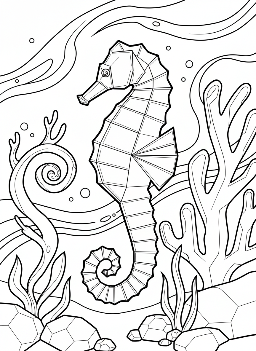 An origami seahorse with curled tail, ridged folded spine, and horse-like head with snout, vertical swimming position