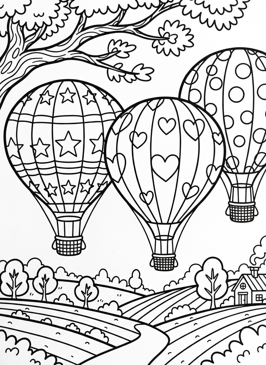 Three hot air balloons of different sizes with star patterns, hearts, and polka dots floating over a peaceful countryside.