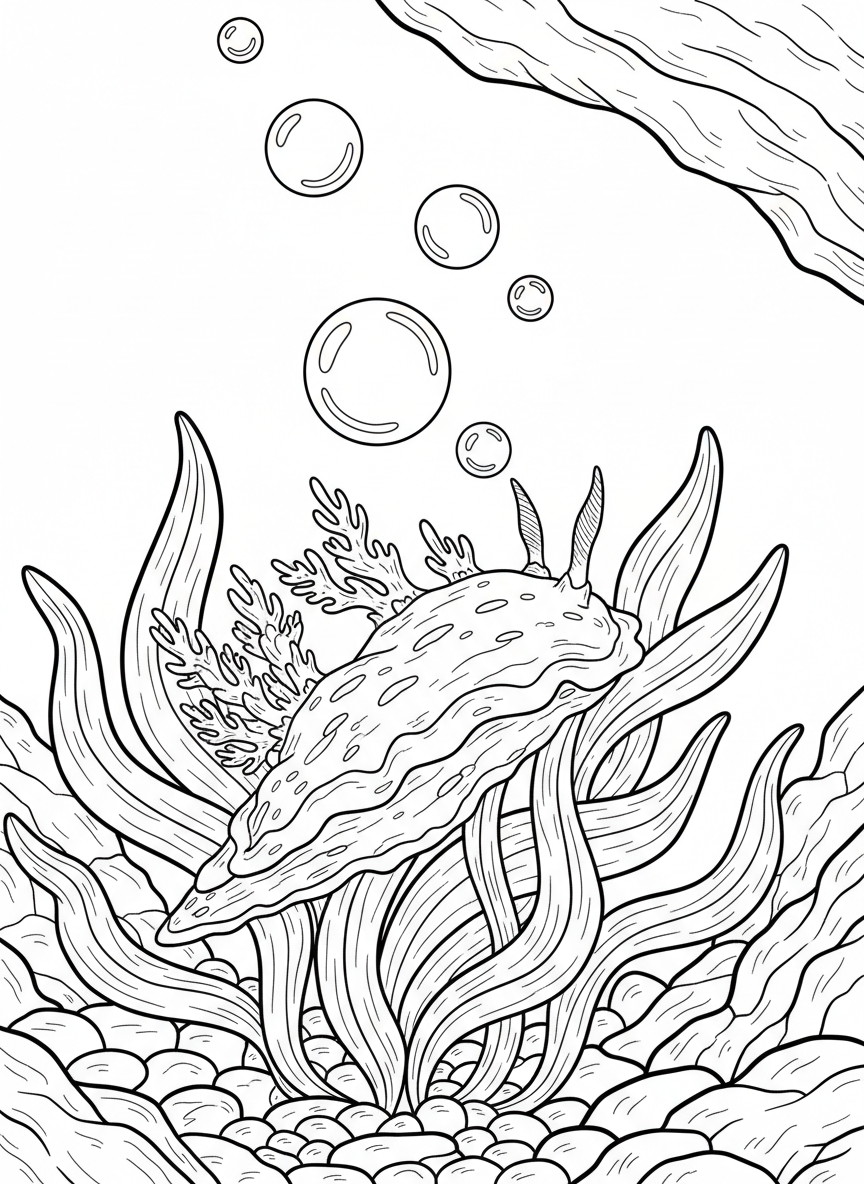 A colorful sea slug crawling on kelp with bubbles floating upward in a detailed tide pool environment.