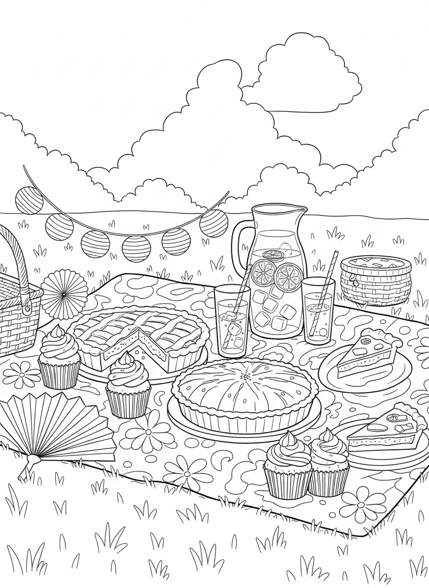 A dessert picnic scene with pies, cupcakes, lemonade, and pastel decorations spread across a blanket outdoors.