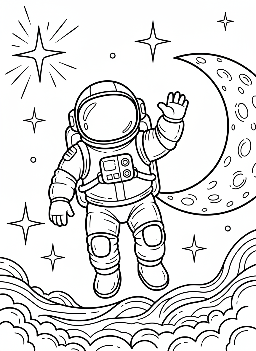 A friendly astronaut floating in space, waving hello, surrounded by twinkling stars and a crescent moon, simple line art for coloring.