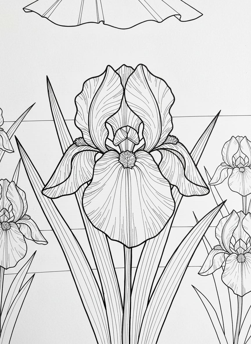 A single origami iris with three large petals, intricate fold lines creating texture, tall blade-like leaves, elegant composition.