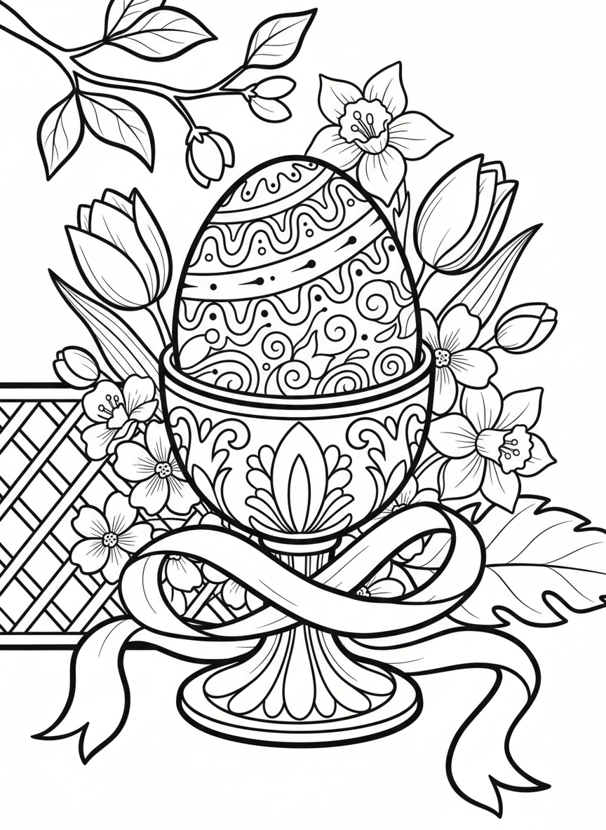 A close-up of a decorated Easter egg in an ornate egg cup, with ribbons and spring blossoms around it