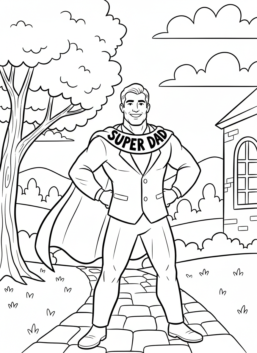 A smiling dad wearing a superhero cape with 'SUPER DAD' written on it, standing in a heroic pose with hands on hips