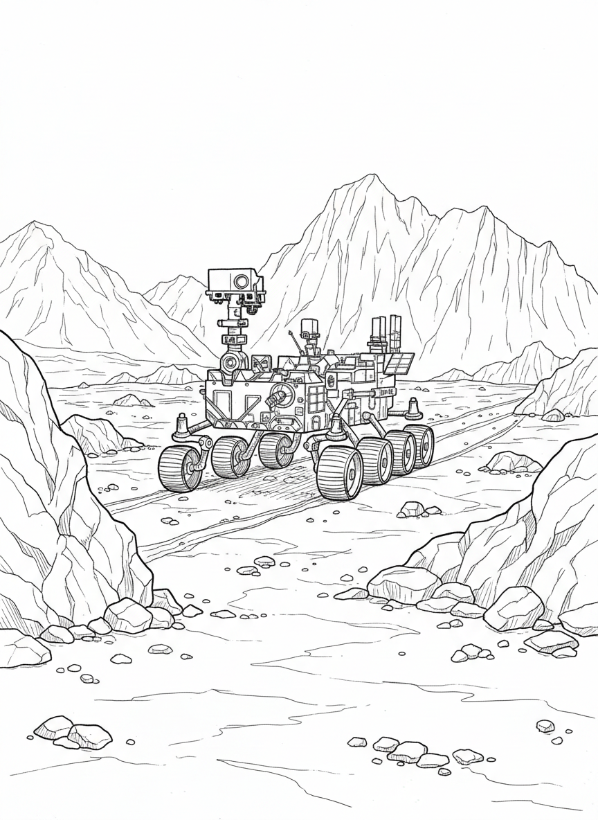 A Mars exploration scene showing a rover moving across a rocky red landscape with mountains in the distance.