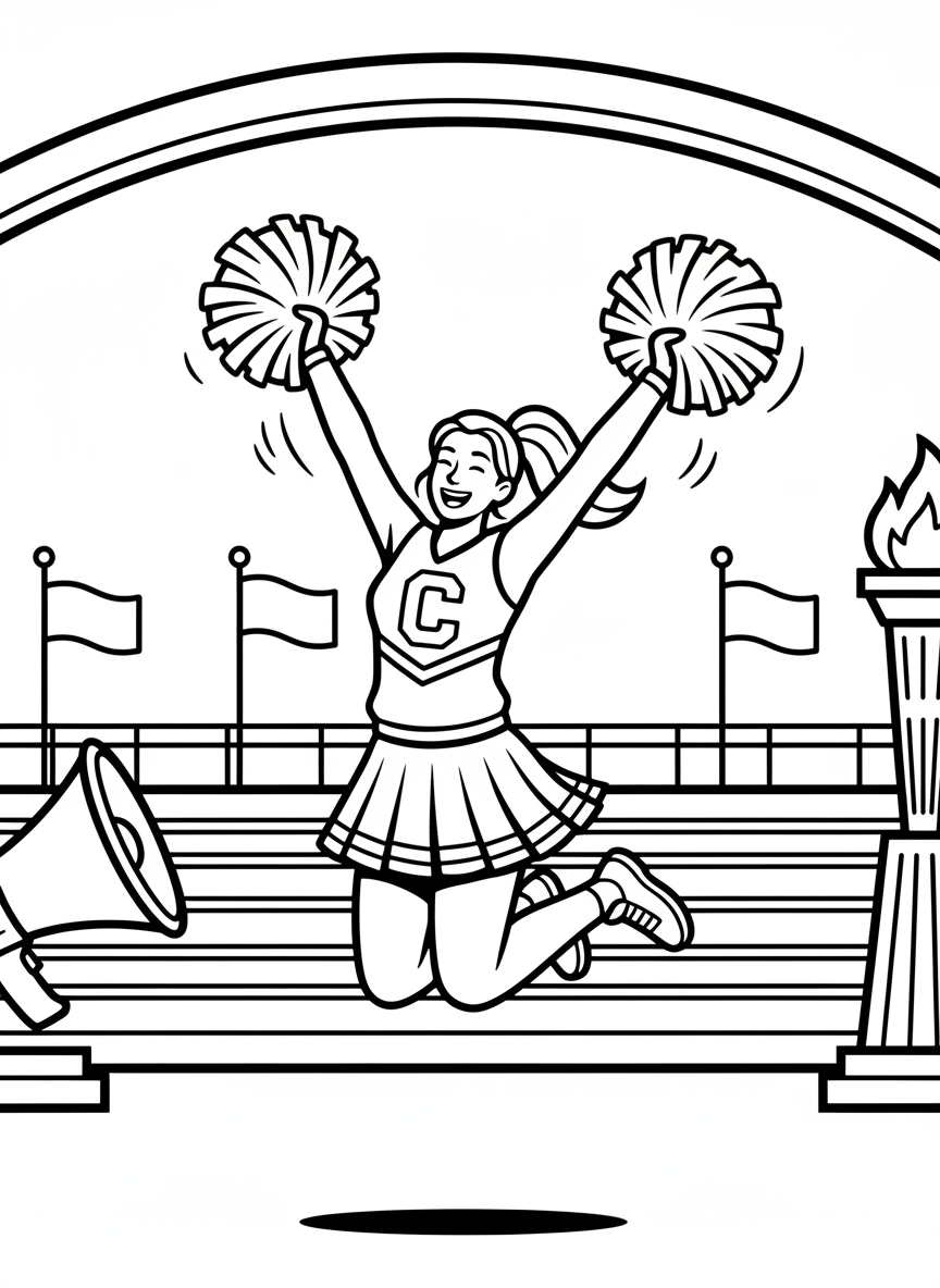 A cheerleader jumping with pom-poms raised high, wearing a pleated skirt and letter sweater, energetic celebration pose.
