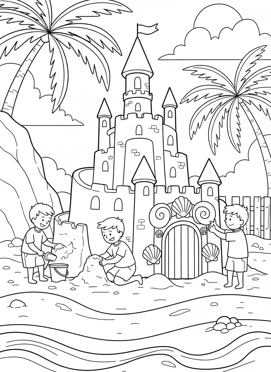 Three children constructing a massive sandcastle fortress with walls, towers, and a seashell-decorated entrance gate.