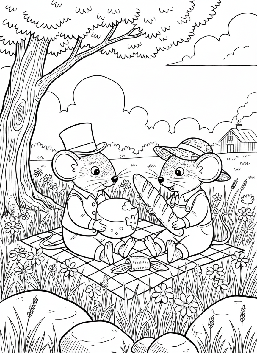 The town mouse and country mouse sharing a picnic with cheese and bread in a meadow, simple fable illustration