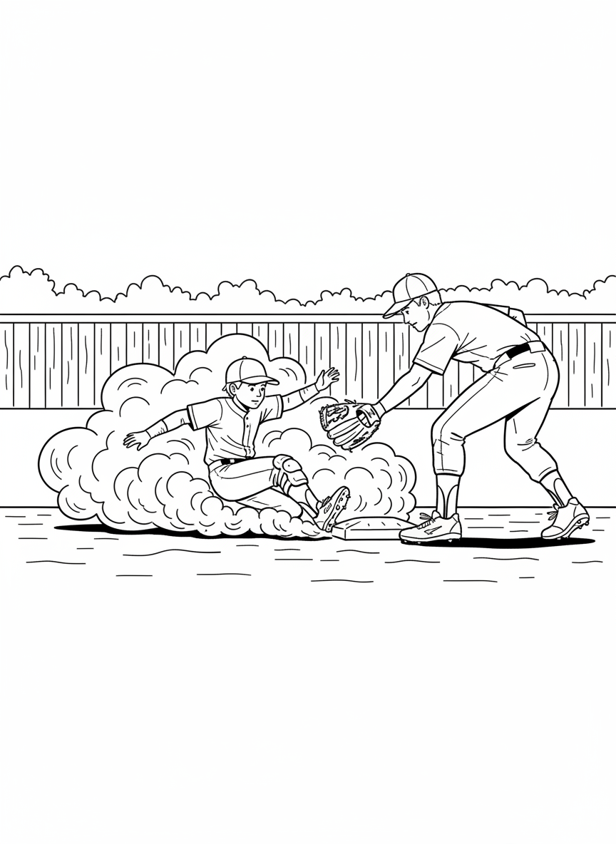 A child sliding into second base with dust clouds around them while the baseman reaches down to make the tag.