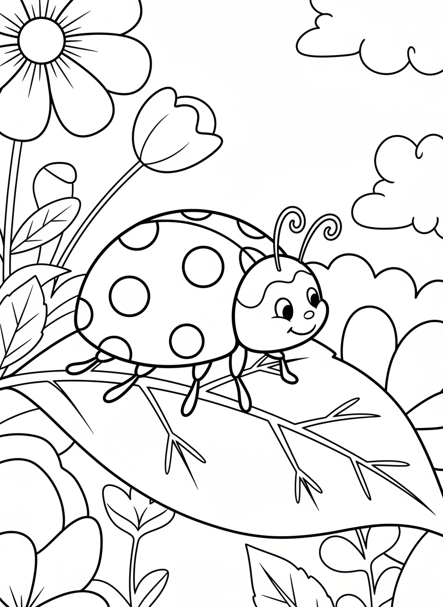 A cheerful ladybug with spots crawling on a leaf, simple design perfect for young children to color.