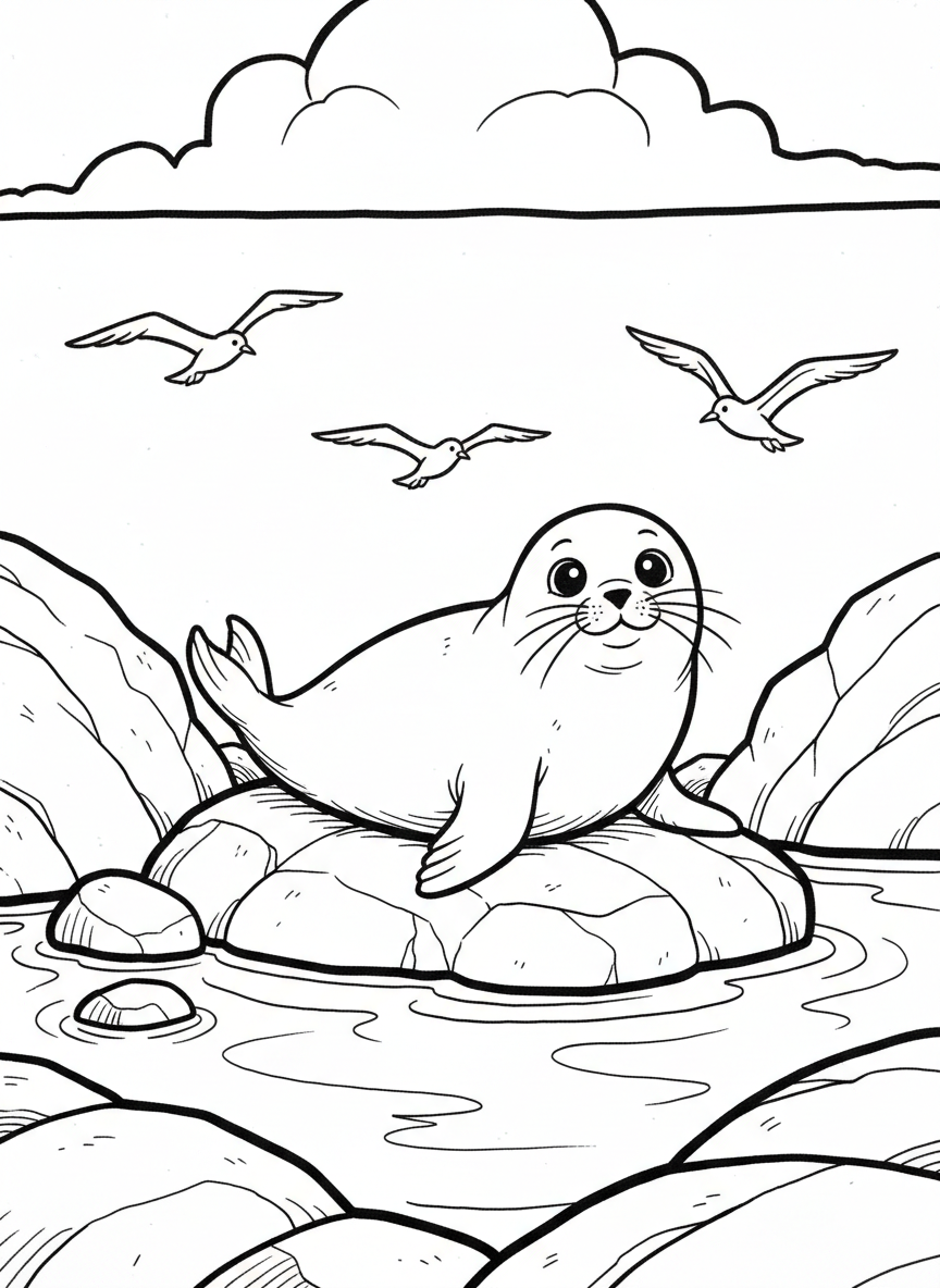 A friendly seal pup resting on rocks near a tide pool with seabirds flying overhead