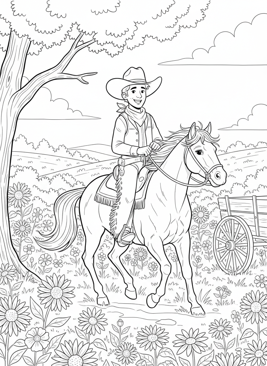A friendly cowboy riding a horse across a wide Oklahoma prairie with rolling hills and wildflowers in the background, simple line art for coloring.