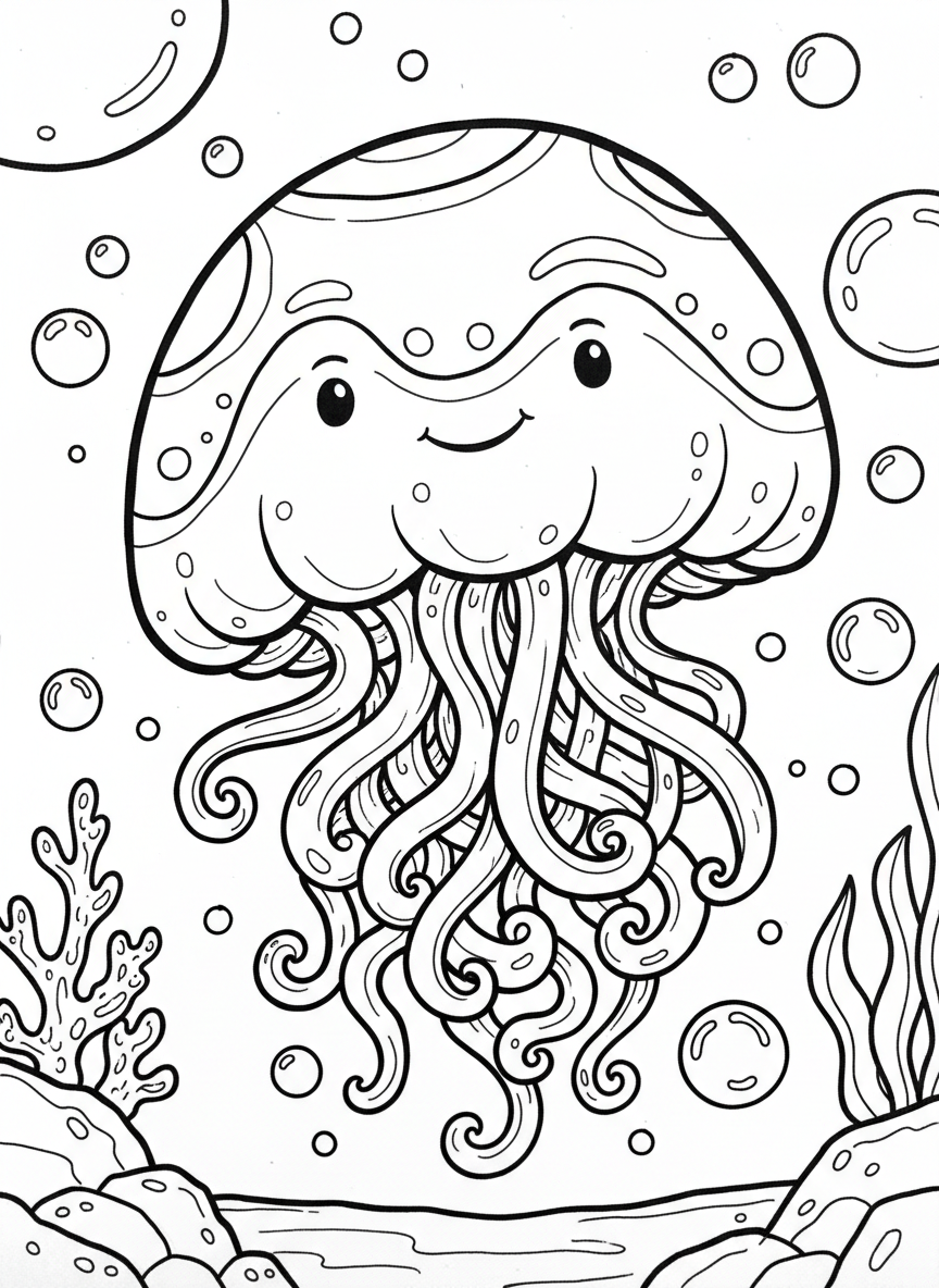 Close-up view of a friendly jellyfish with a large bell decorated with simple dots and patterns, short curly tentacles, and bubbles floating around it.