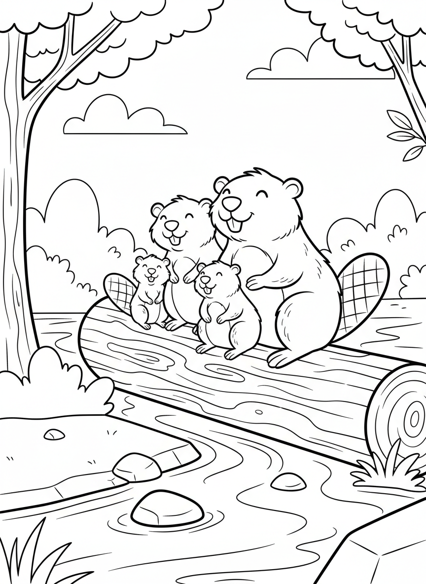 A beaver family with parent and two kits sitting together on a log, happy expressions, riverside setting