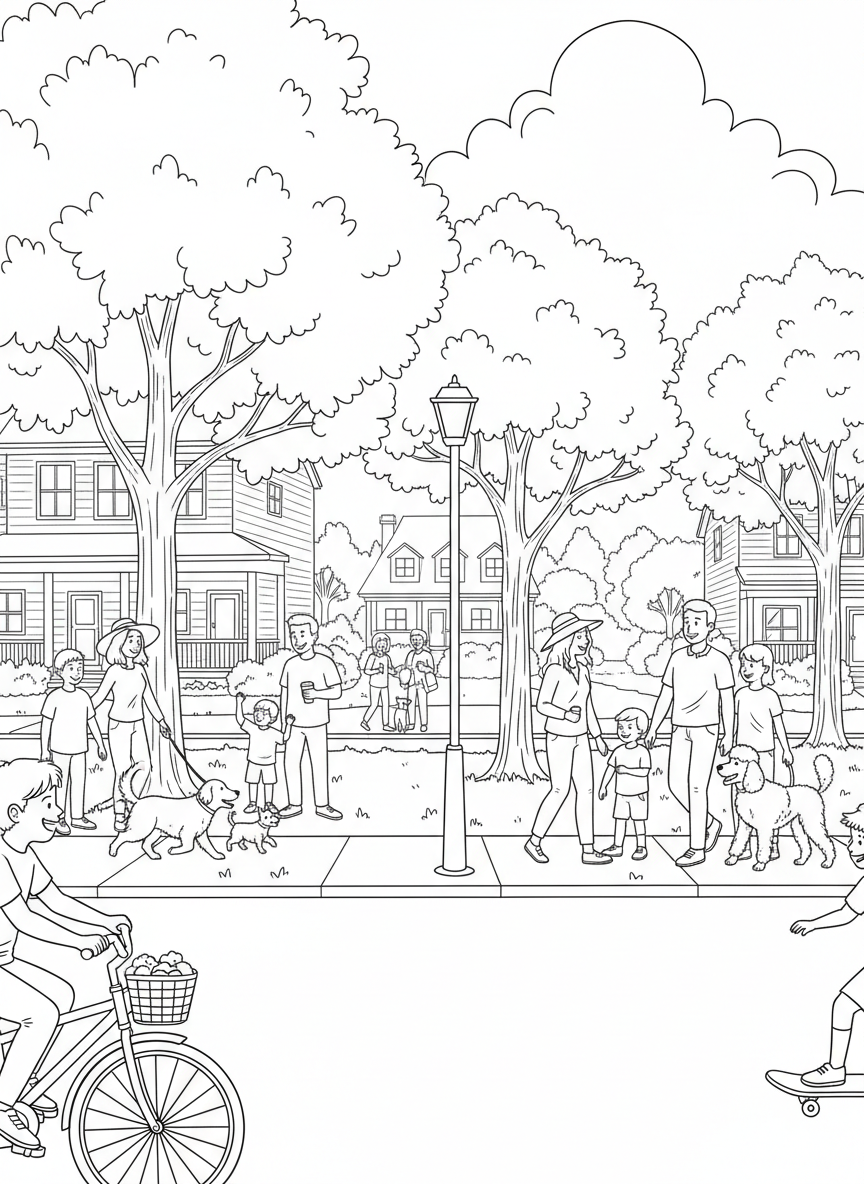 A friendly neighborhood street with children riding bicycles, families walking dogs, and neighbors chatting along tree-lined sidewalks.