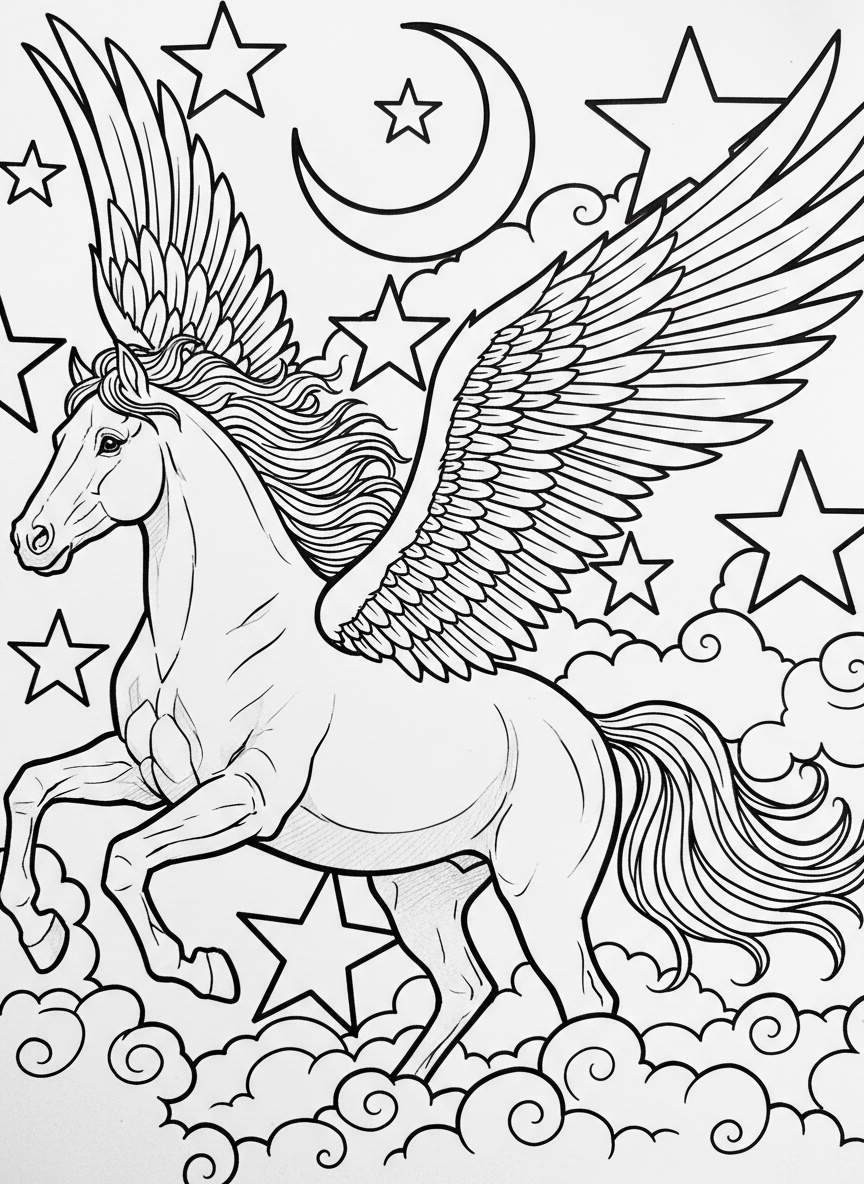 A pegasus with large feathered wings galloping through clouds, with stars and a crescent moon in the night sky background.