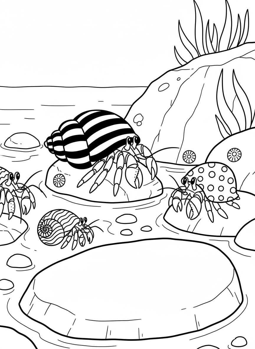 Three hermit crabs of different sizes exploring a rocky tide pool, each wearing uniquely patterned shells with stripes and dots.