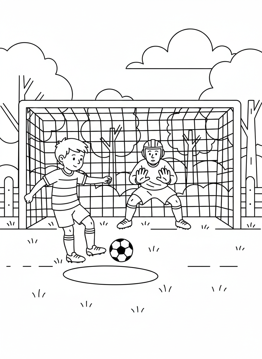 A child practicing penalty kicks, standing ready to shoot at a goal with a goalkeeper waiting