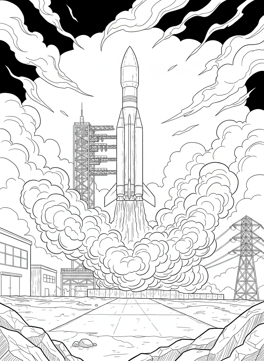 A rocket launch scene with smoke and flames bursting from the base, a launchpad below, and energy filling the sky.